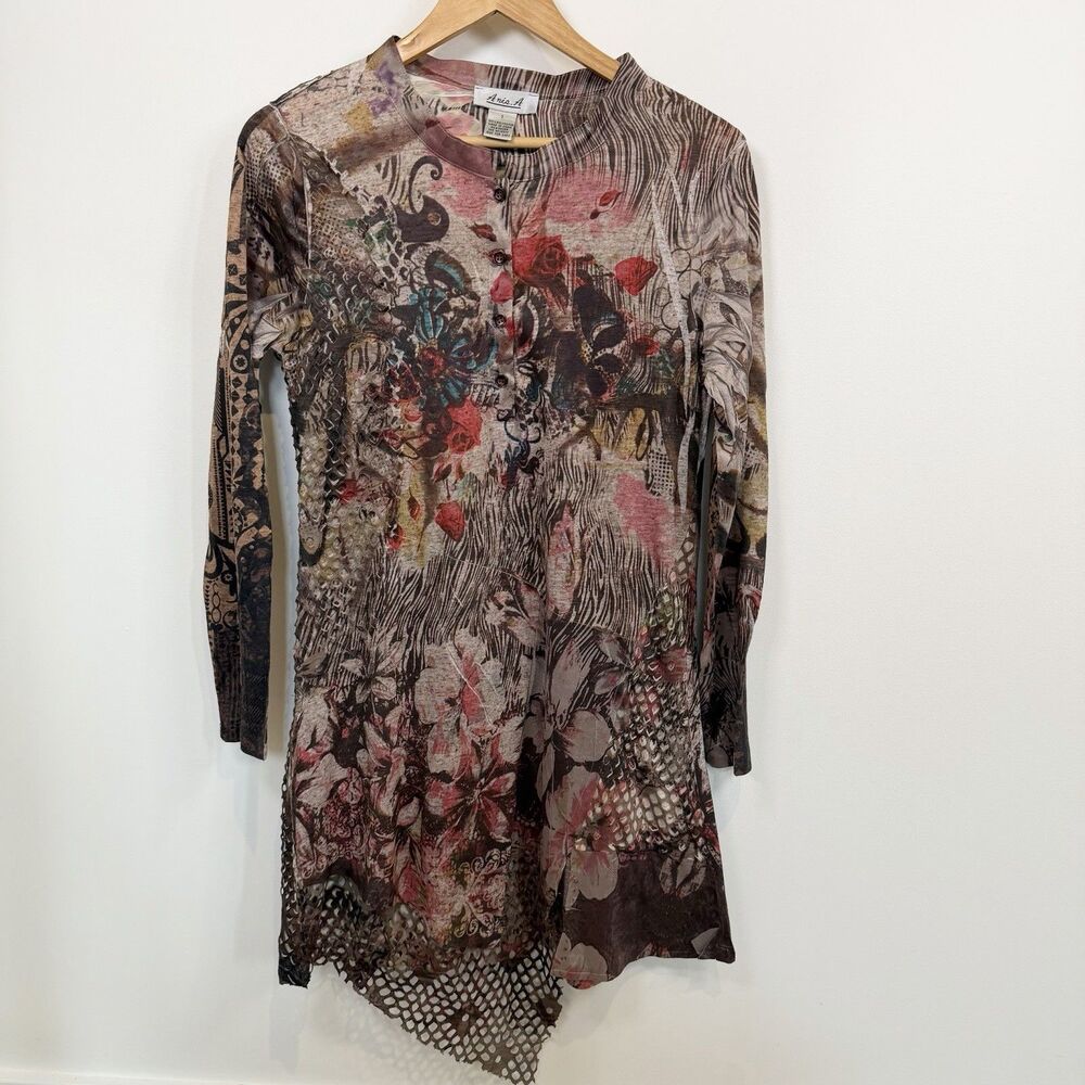 Anis A Tunic  Women Small Floral Artsy Mixed Media Asymmetrical Boho Festival